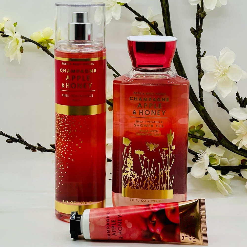 Bath & Body Works Champagne Apple & Honey Fine Fragrance ,Gel,Hand Cream 3Pc Set
